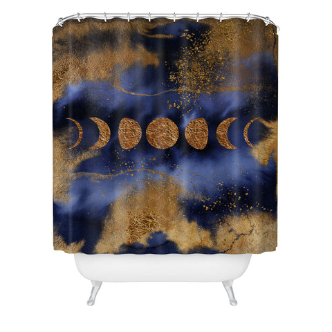 UtArt Blue And Gold Moon Marble Space Landscape Shower Curtain