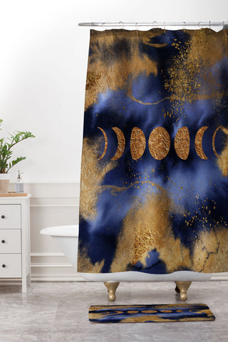 UtArt Blue And Gold Moon Marble Space Landscape Shower Curtain And Mat