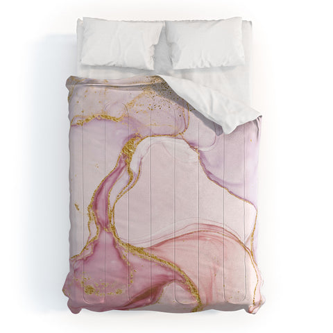 UtArt Blush Pink And Gold Alcohol Ink Marble Comforter