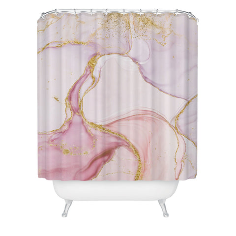 UtArt Blush Pink And Gold Alcohol Ink Marble Shower Curtain