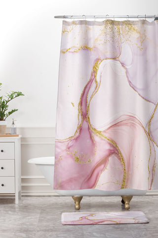 UtArt Blush Pink And Gold Alcohol Ink Marble Shower Curtain And Mat