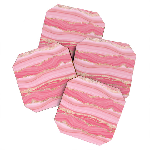 UtArt Blush Pink And Gold Marble Stripes Coaster Set