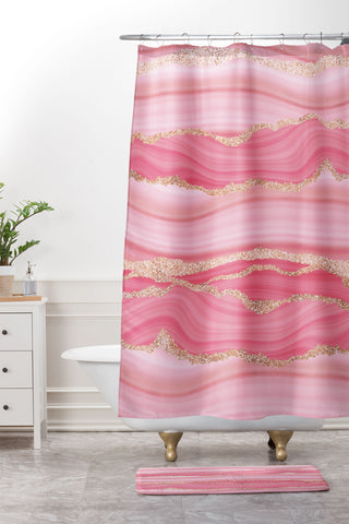 UtArt Blush Pink And Gold Marble Stripes Shower Curtain And Mat