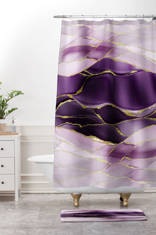 UtArt Day And Night Purple Marble Landscape Shower Curtain And Mat