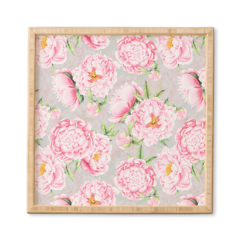 UtArt Hygge Blush Pink Peonies Pattern on Gray Framed Wall Art