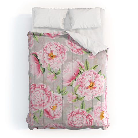 UtArt Hygge Blush Pink Peonies Pattern on Gray Comforter