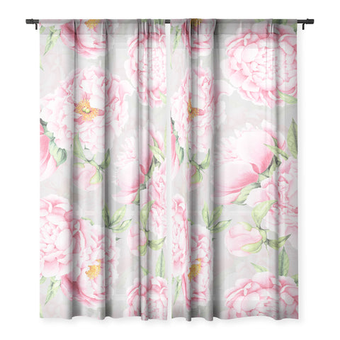 UtArt Hygge Blush Pink Peonies Pattern on Gray Sheer Non Repeat