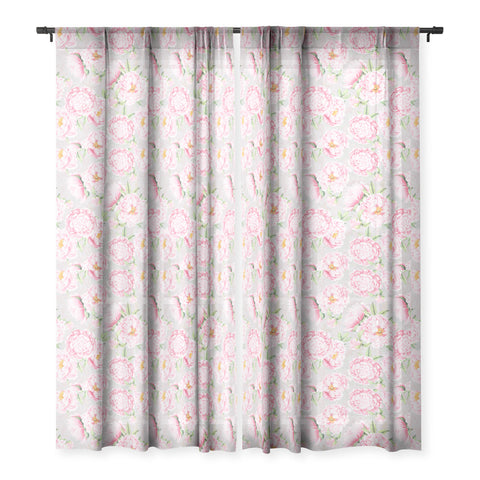 UtArt Hygge Blush Pink Peonies Pattern on Gray Sheer Window Curtain