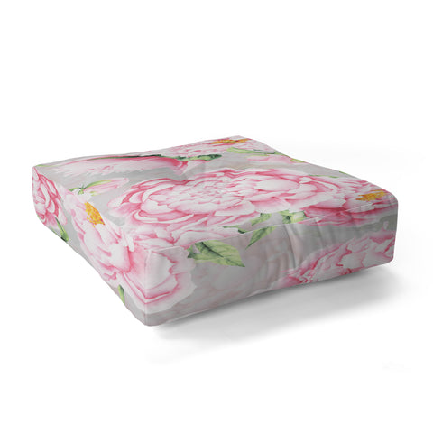 UtArt Hygge Blush Pink Peonies Pattern on Gray Floor Pillow Square