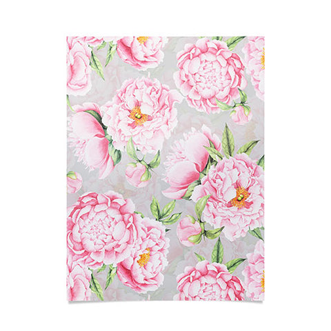 UtArt Hygge Blush Pink Peonies Pattern on Gray Poster