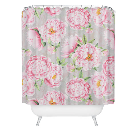 UtArt Hygge Blush Pink Peonies Pattern on Gray Shower Curtain