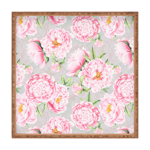 UtArt Hygge Blush Pink Peonies Pattern on Gray Square Tray