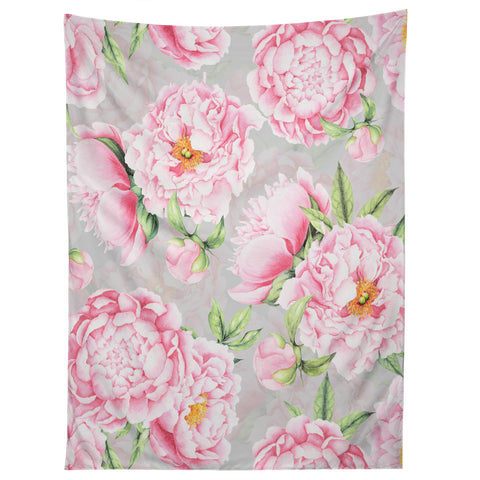 UtArt Hygge Blush Pink Peonies Pattern on Gray Tapestry