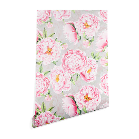 UtArt Hygge Blush Pink Peonies Pattern on Gray Wallpaper