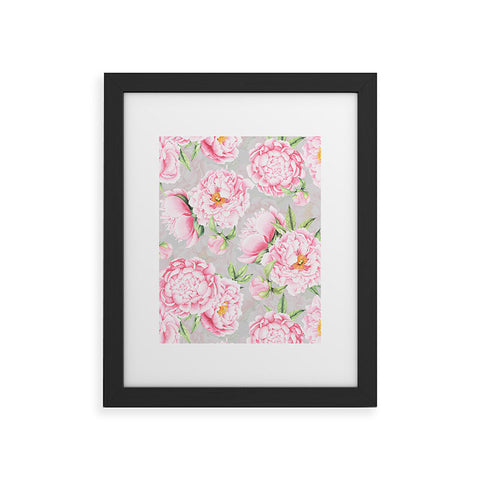 UtArt Hygge Blush Pink Peonies Pattern on Gray Framed Art Print