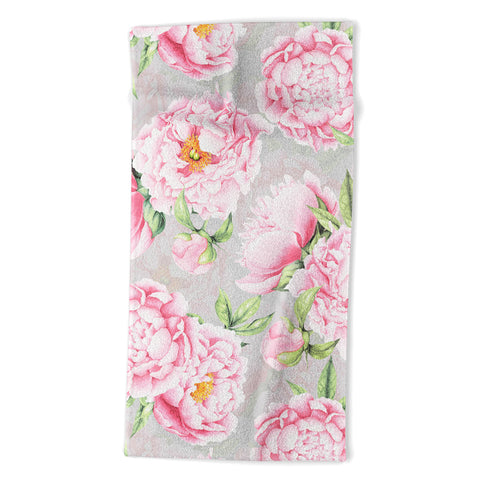 UtArt Hygge Blush Pink Peonies Pattern on Gray Beach Towel