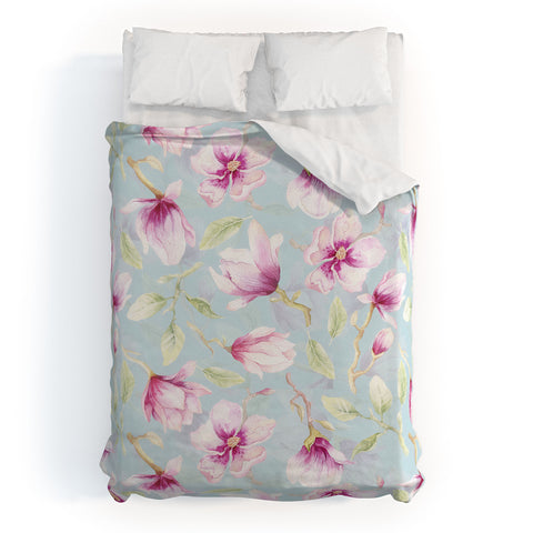 UtArt Hygge Hand Painted Watercolor Magnolia Blossoms Duvet Cover