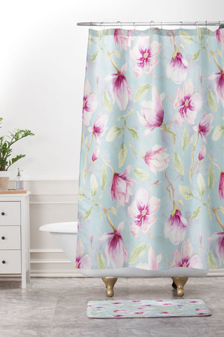 UtArt Hygge Hand Painted Watercolor Magnolia Blossoms Shower Curtain And Mat