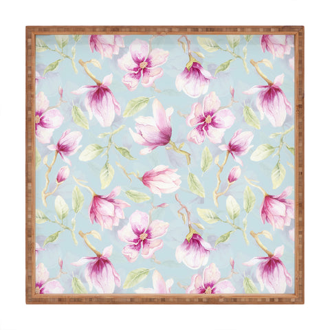 UtArt Hygge Hand Painted Watercolor Magnolia Blossoms Square Tray