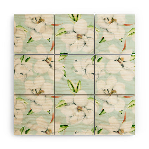 UtArt Hygge Magnolia Watercolor Pastel Flowers Wood Wall Mural