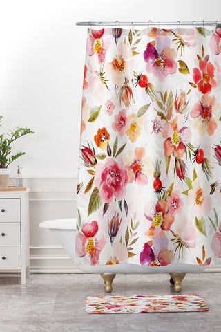 UtArt Hygge Watercolor Midsummer Dogroses Pattern Shower Curtain And Mat