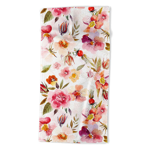 UtArt Hygge Watercolor Midsummer Dogroses Pattern Beach Towel