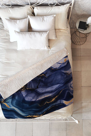 UtArt Midnight Dark Blue Marble Alcohol Ink Marble Art Flashes Fleece Throw Blanket