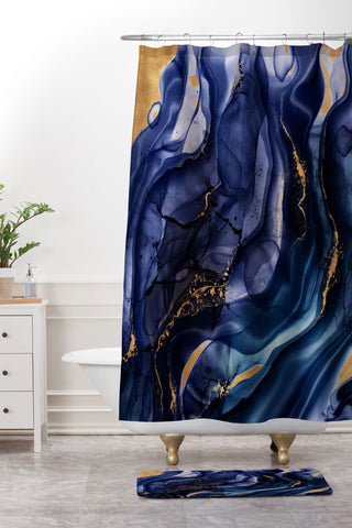 UtArt Midnight Dark Blue Marble Alcohol Ink Marble Art Flashes Shower Curtain And Mat