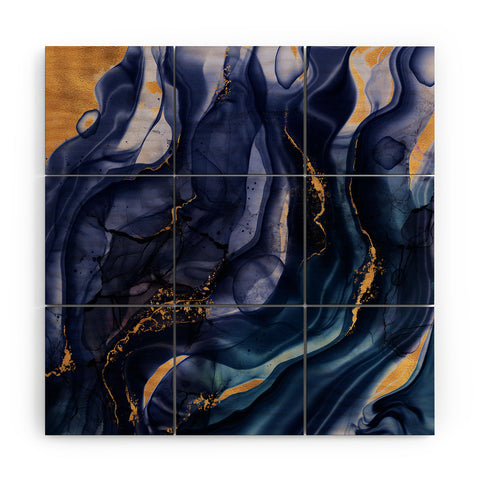 UtArt Midnight Dark Blue Marble Alcohol Ink Marble Art Flashes Wood Wall Mural