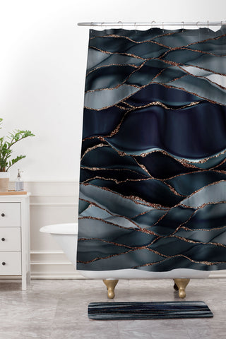 UtArt Midnight Marble Deep Ocean Waves Shower Curtain And Mat