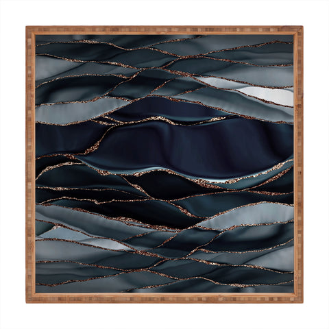 UtArt Midnight Marble Deep Ocean Waves Square Tray