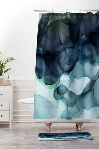 UtArt Night Blue Flowing Art Shower Curtain And Mat