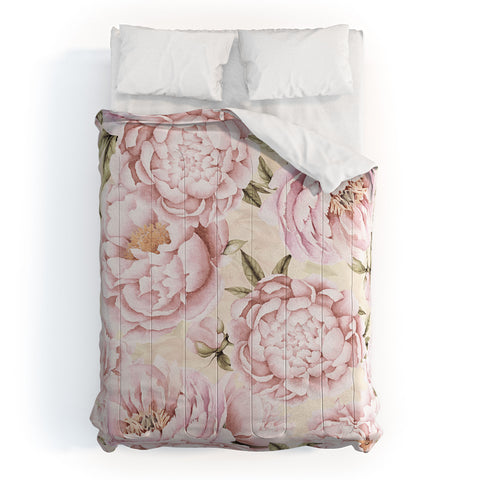 UtArt Pastel Blush Pink Spring Watercolor Peony Flowers Pattern Comforter