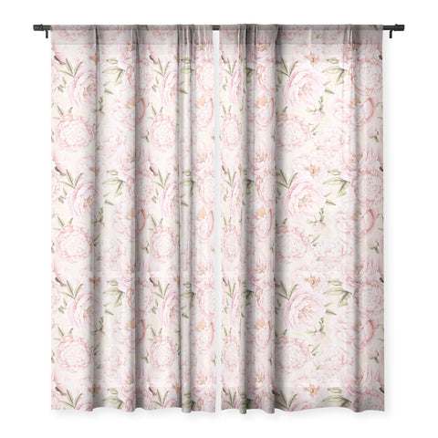 UtArt Pastel Blush Pink Spring Watercolor Peony Flowers Pattern Sheer Window Curtain