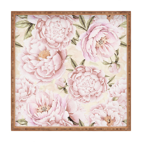 UtArt Pastel Blush Pink Spring Watercolor Peony Flowers Pattern Square Tray