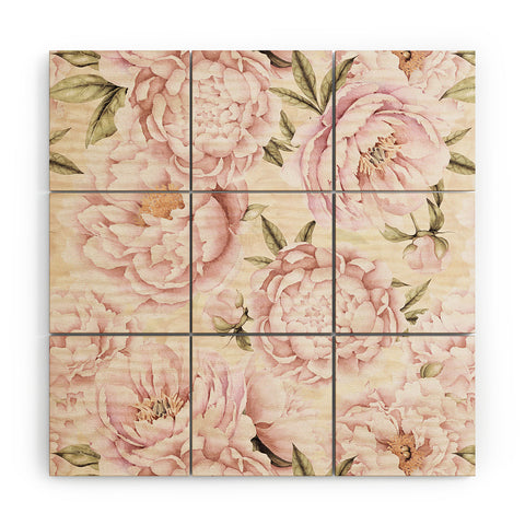 UtArt Pastel Blush Pink Spring Watercolor Peony Flowers Pattern Wood Wall Mural