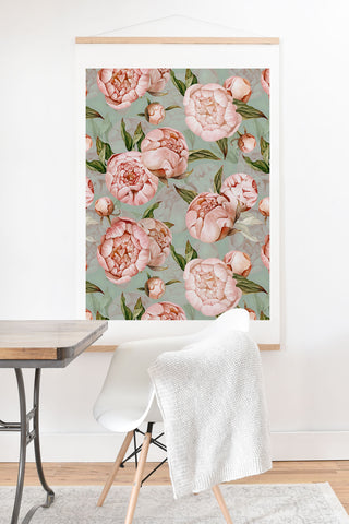 UtArt Peach Peonies Watercolor Pattern on Teal Sepia Art Print And Hanger
