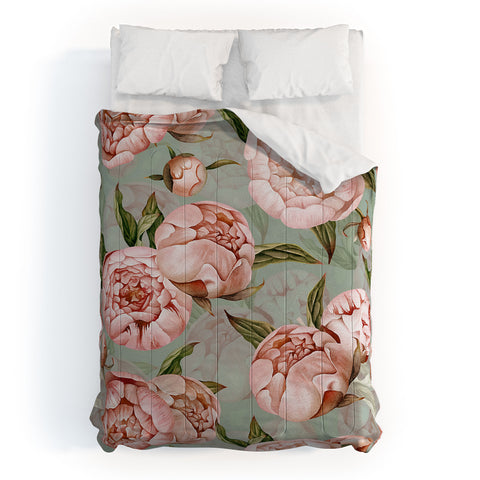 UtArt Peach Peonies Watercolor Pattern on Teal Sepia Comforter