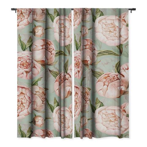 UtArt Peach Peonies Watercolor Pattern on Teal Sepia Blackout Non Repeat