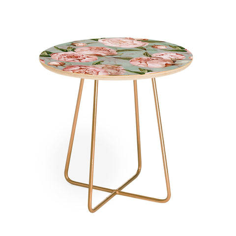 UtArt Peach Peonies Watercolor Pattern on Teal Sepia Round Side Table