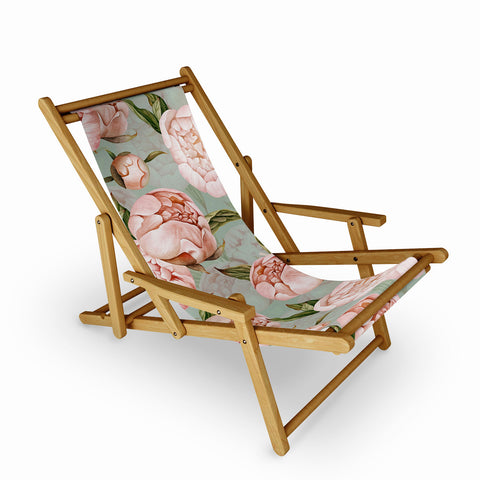 UtArt Peach Peonies Watercolor Pattern on Teal Sepia Sling Chair