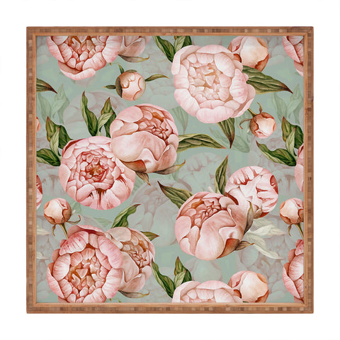 UtArt Peach Peonies Watercolor Pattern on Teal Sepia Square Tray