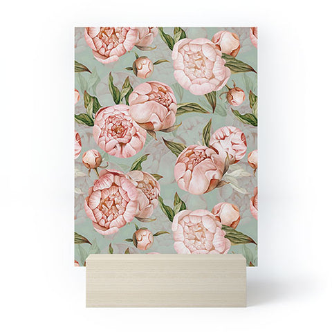 UtArt Peach Peonies Watercolor Pattern on Teal Sepia Mini Art Print