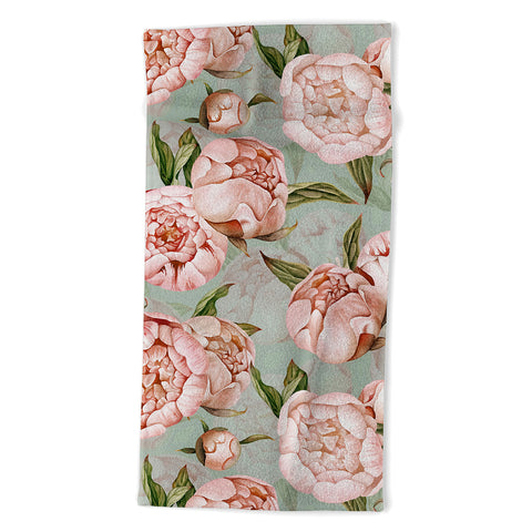 UtArt Peach Peonies Watercolor Pattern on Teal Sepia Beach Towel