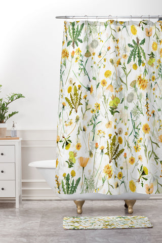 UtArt Scandinavian Yellow Wildflower Shower Curtain And Mat
