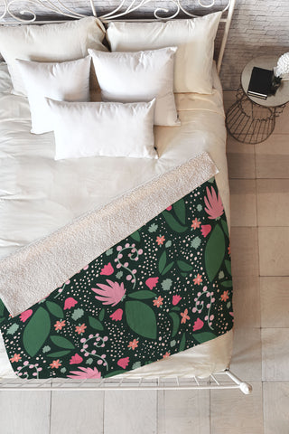 Valeria Frustaci Flowers pattern in pink and green Fleece Throw Blanket