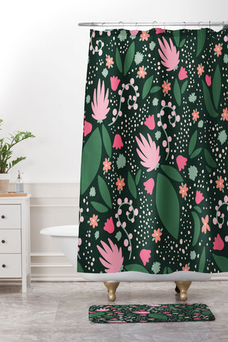 Valeria Frustaci Flowers pattern in pink and green Shower Curtain And Mat