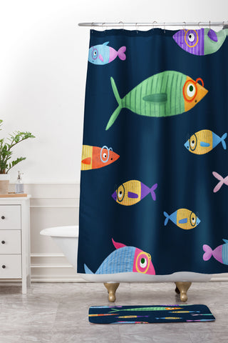 Valeria Frustaci Multicolor fishes blue Shower Curtain And Mat