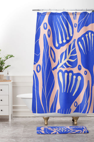 Viviana Gonzalez Abstract Floral Blue Shower Curtain And Mat