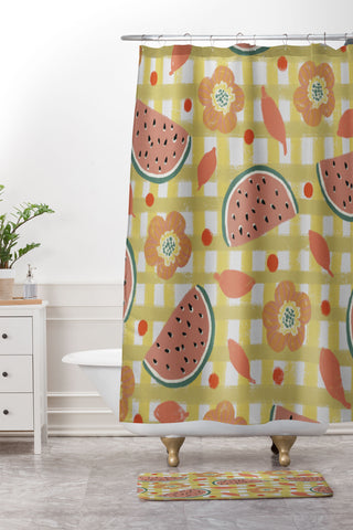 Viviana Gonzalez Watermelon And Flowers Shower Curtain And Mat